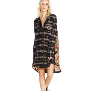 ANTHROPOLOGIE Aratta Silent Journey Plaid Shirt Dress Floral Back Hi Low Boho M